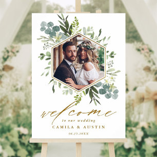 Watercolor Greenery Gold Hexagon Wedding Sign Poster