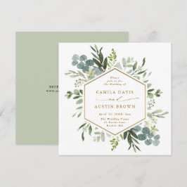 Watercolor Greenery Gold Hexagon Wedding Square Einladung