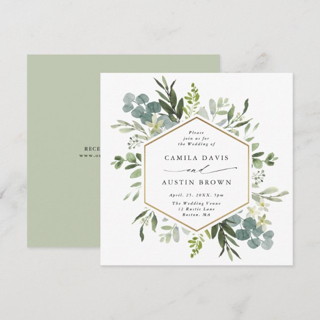 Watercolor Greenery Gold Hexagon Wedding Square Einladung (Vorne/Hinten)