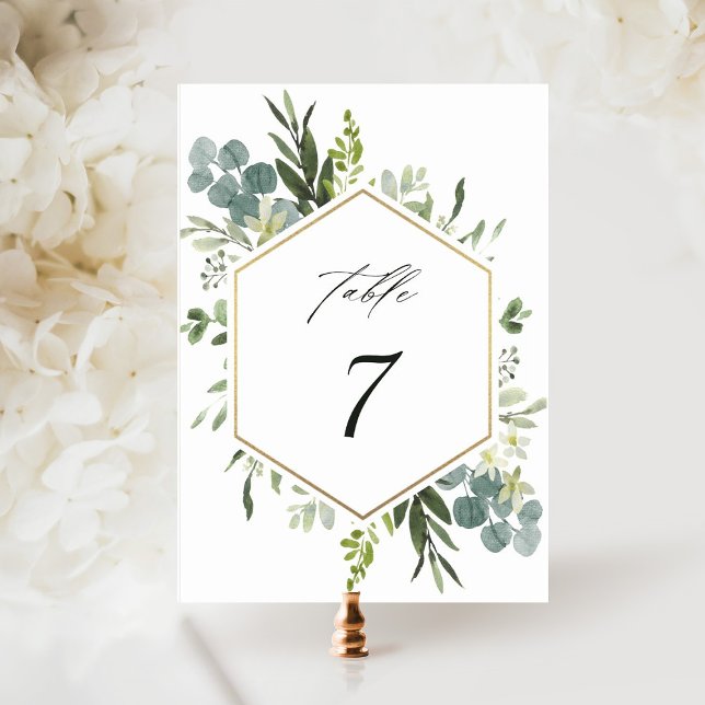 Watercolor Greenery Gold Hexagon Wedding Tischnummer (Von Creator hochgeladen)