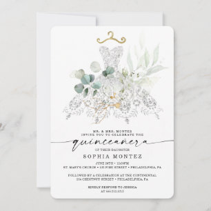 Watercolor Greenery Gold Quinceñera Geburtstag Einladung