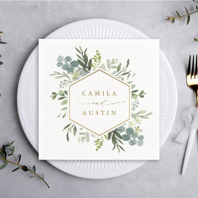 Watercolor Greenery Gold Script Hexagon Wedding Serviette (Von Creator hochgeladen)