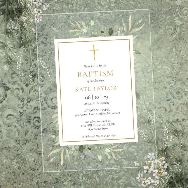 Watercolor Greenery Gold Taufe Christening Acryleinladungen (Watercolor Greenery Gold Baptism Christening Acrylic Invitations)