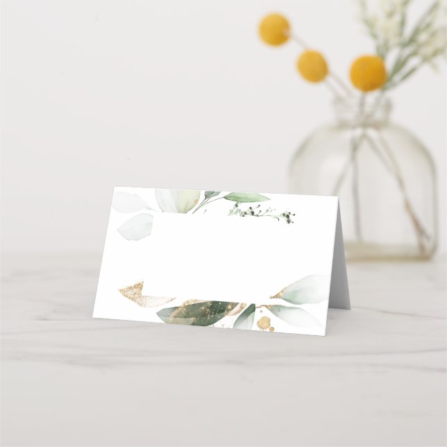 Watercolor Greenery Gold Wedding Platzkarte (Vorderseite)