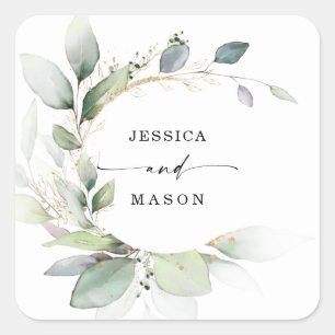 Watercolor Greenery Gold Wedding Quadratischer Aufkleber