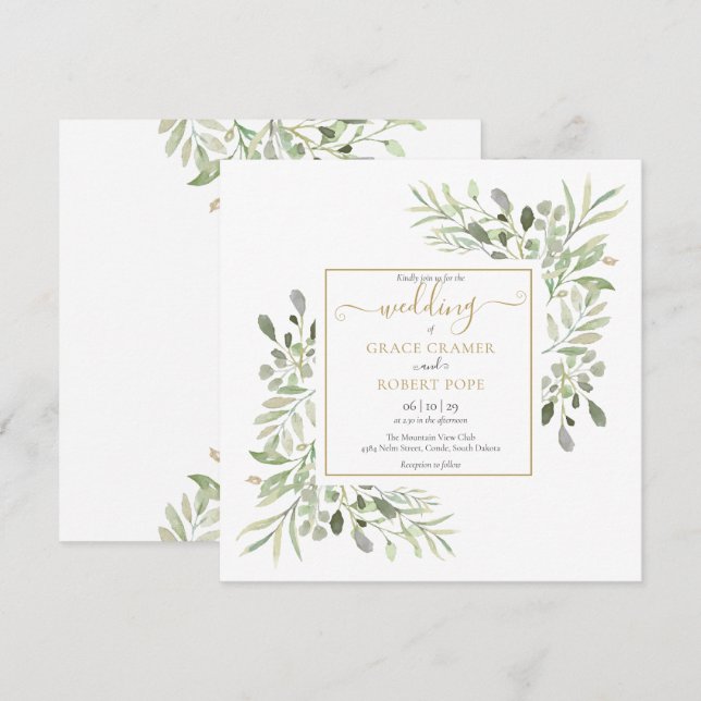 Watercolor Greenery Goldene geometrische SkriptWed Einladung (Vorne/Hinten)