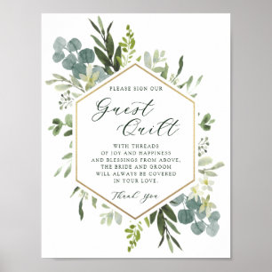 Watercolor Greenery Hexagon Wedding Guest Quilt Poster