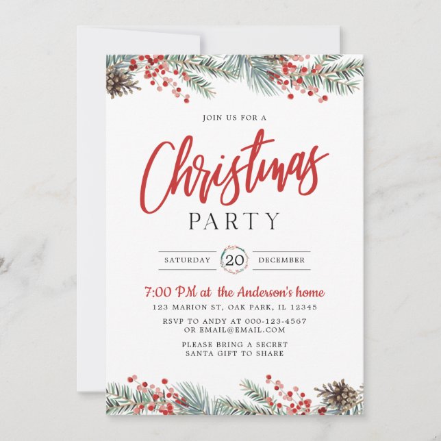 Watercolor Greenery Holly Berry Weihnachts-Party Einladung (Vorderseite)