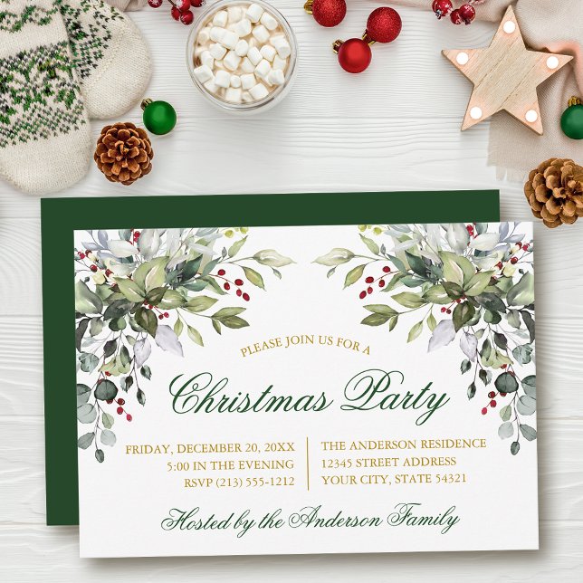 Watercolor Greenery Holly Gold Weihnachten Party Einladung (Customize to change text size, color, style or to change color of back of card.)