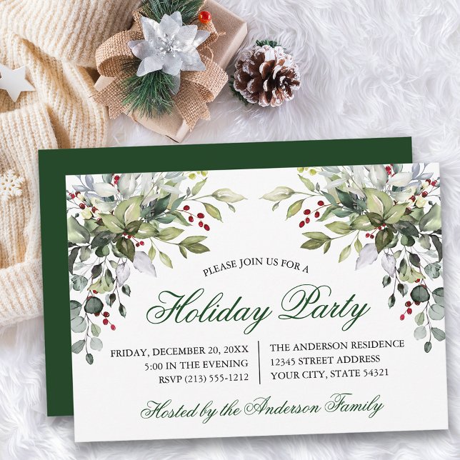 Watercolor Greenery Holly Holiday Party Einladung (Customize to change text size, color, style or to change color of back of card.)