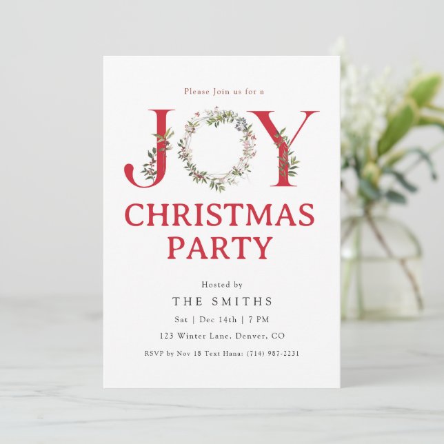 Watercolor Greenery JOY Christmas Party Invitation (Debout devant)