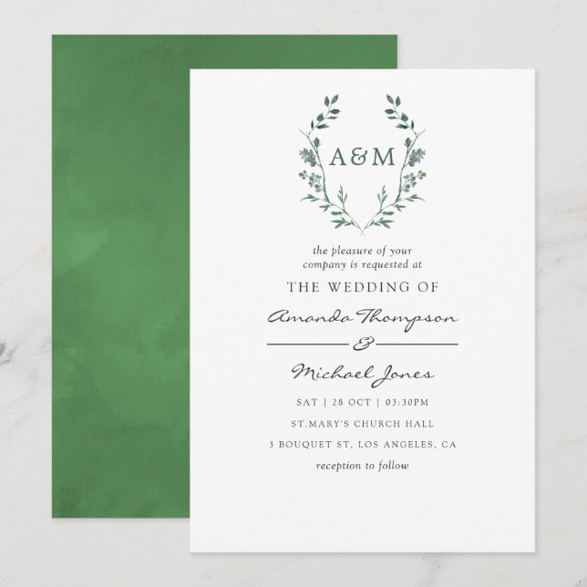 Watercolor Greenery Laurel Wappen Monogram Wedding Einladung (Vorne/Hinten)