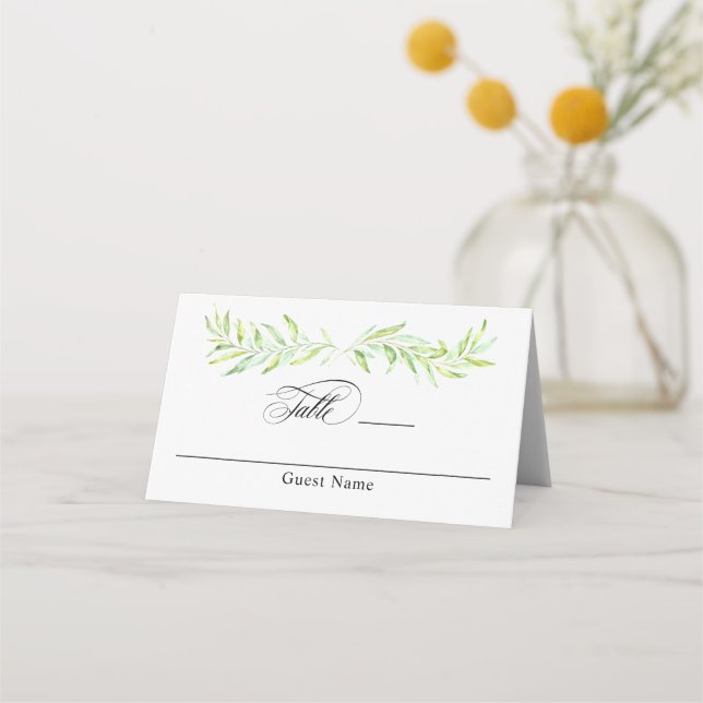 Watercolor Greenery Laurel Wreath Wedding Platzkarte (Vorderseite)