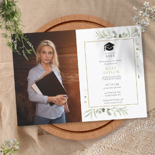 Watercolor Greenery Leaves Graduation Party Photo Einladung