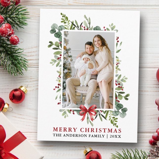 Watercolor Greenery Merry Christmas Red Bow Postkarte (Customize to change text size or text style.)