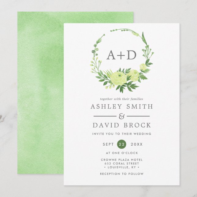 Watercolor Greenery Monogram Wreath Wedding Einladung (Vorne/Hinten)