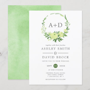Watercolor Greenery Monogram Wreath Wedding Einladung