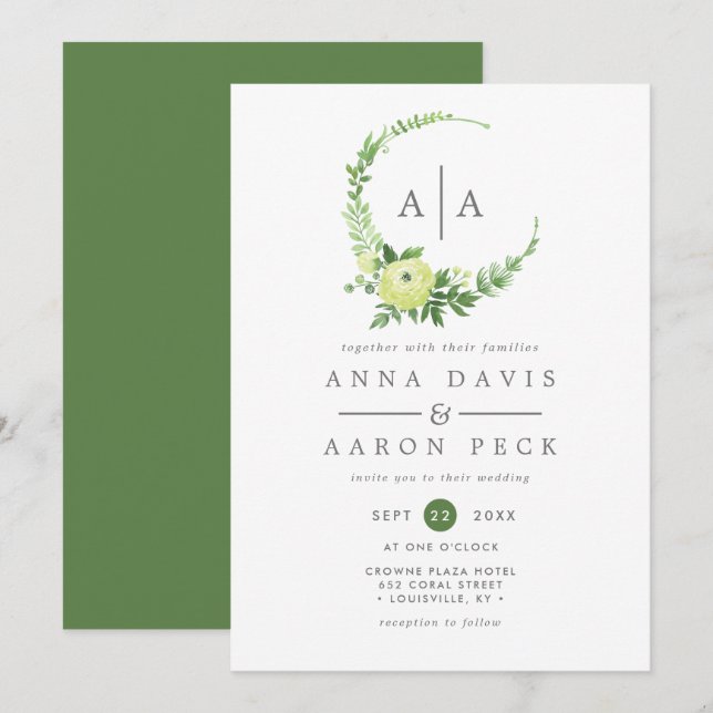 Watercolor Greenery Monogram Wreath Wedding Einladung (Vorne/Hinten)