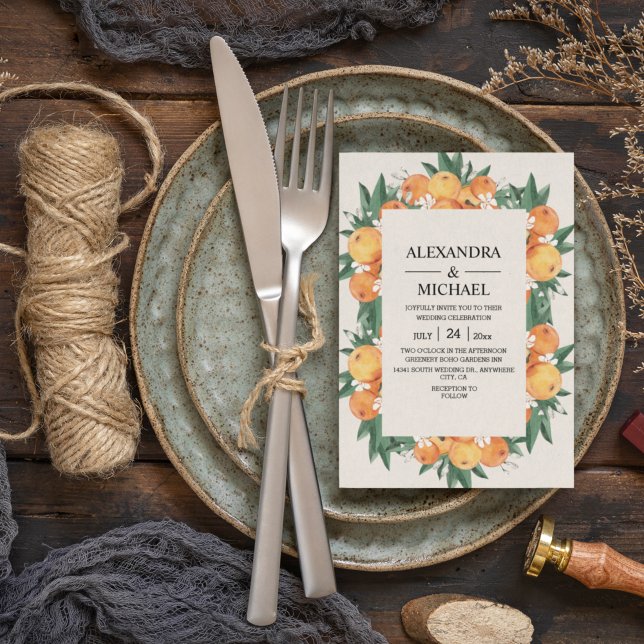 Watercolor Greenery Orange Blossom Modern Wedding  Einladung (Von Creator hochgeladen)
