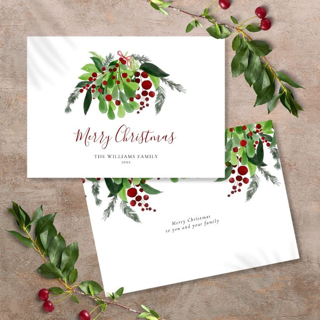 Watercolor Greenery Red Berries Script Weihnachten (Watercolor Greenery Red Berries Script Christmas Holiday Card)