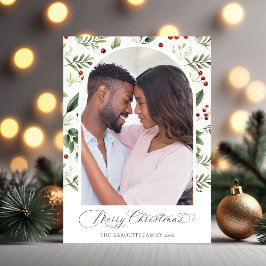 Watercolor Greenery & Red Berry Christmas Photo Feiertagskarte
