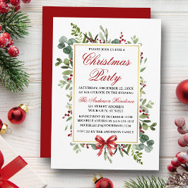 Watercolor Greenery Red Bow Christmas Party Einladung