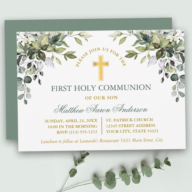 Watercolor Greenery Sage Green Gold Communion Einladung (Customize to change text color, text style or color of back of card.)