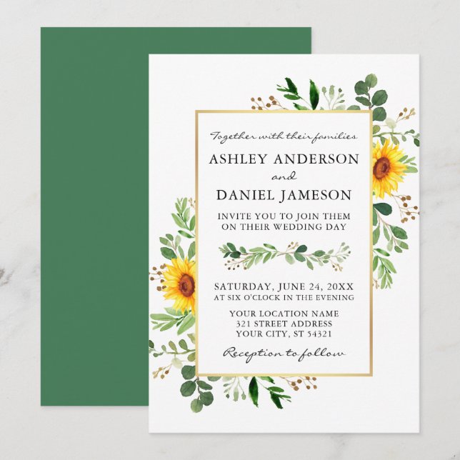 Watercolor Greenery Sonnenblumen Goldene Hochzeit Einladung (Vorne/Hinten)