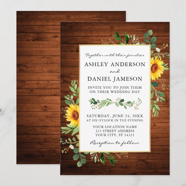Watercolor Greenery Sonnenblumen Hochzeit Holz Einladung (Vorne/Hinten)