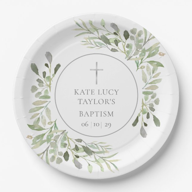 Watercolor Greenery Taufe Christening Pappteller (Vorderseite)