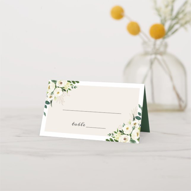 Watercolor Greenery White Bloom Floral Wedding Platzkarte (Vorderseite)