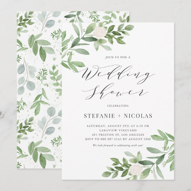 Watercolor Greenery White Floral Polterabend Einladung (Vorne/Hinten)