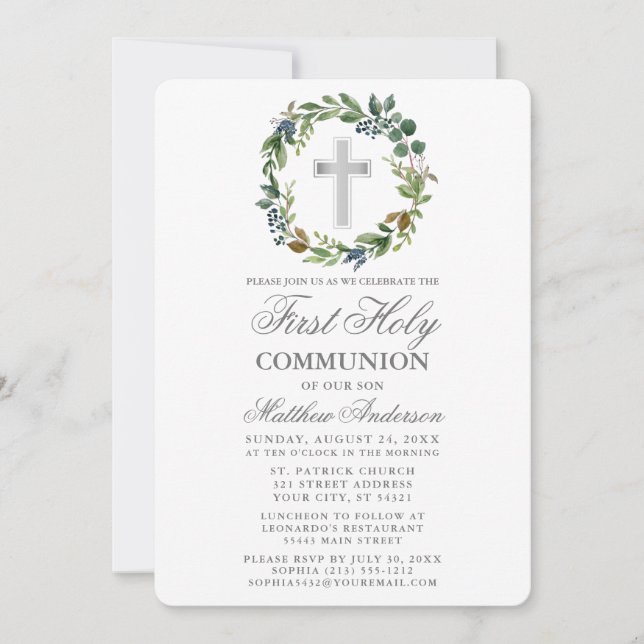 Watercolor Greenery Wreath Erste Kommune Einladung (Vorderseite)