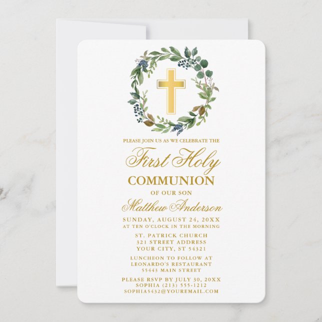 Watercolor Greenery Wreath Erste Kommunion Gold Einladung (Vorderseite)