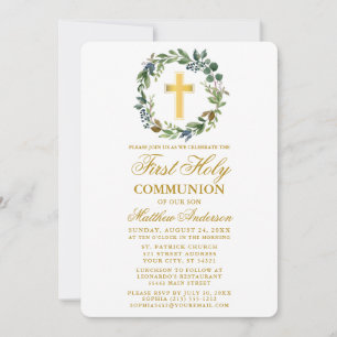 Watercolor Greenery Wreath Erste Kommunion Gold Einladung