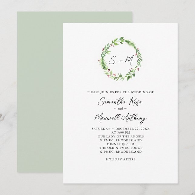 Watercolor Greenery Wreath Wedding Einladung (Vorne/Hinten)