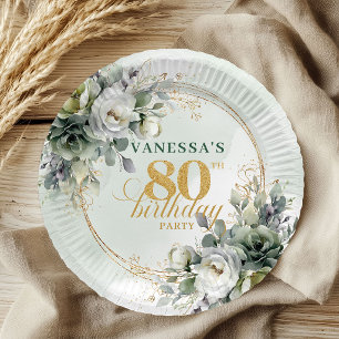 Watercolor Grün Gold 80. Geburtstag Botanisch  Pappteller