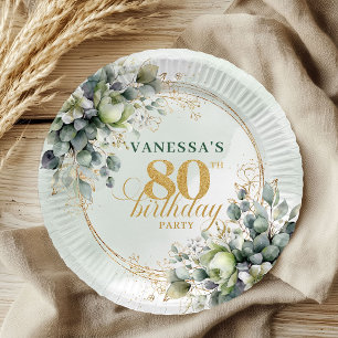 Watercolor Grün Gold Eukalyptus 80. Geburtstag  Pappteller