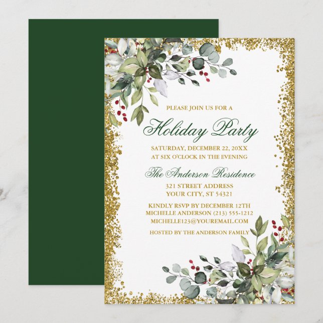 Watercolor Grüne Berries Gold Glitzer Holiday Einladung (Vorne/Hinten)