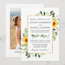 Watercolor Grüne Sonnenblumen Gold Foto Hochzeit Einladung