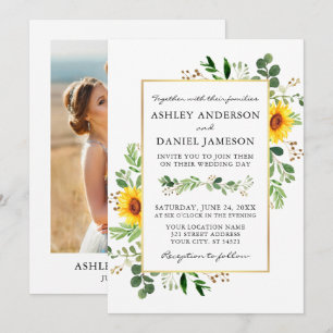 Watercolor Grüne Sonnenblumen Gold Foto Hochzeit Einladung