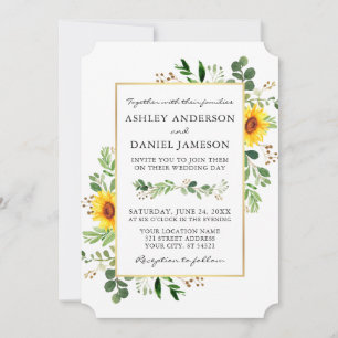 Watercolor Grüne Sonnenblumen Hochzeit Gold Einladung