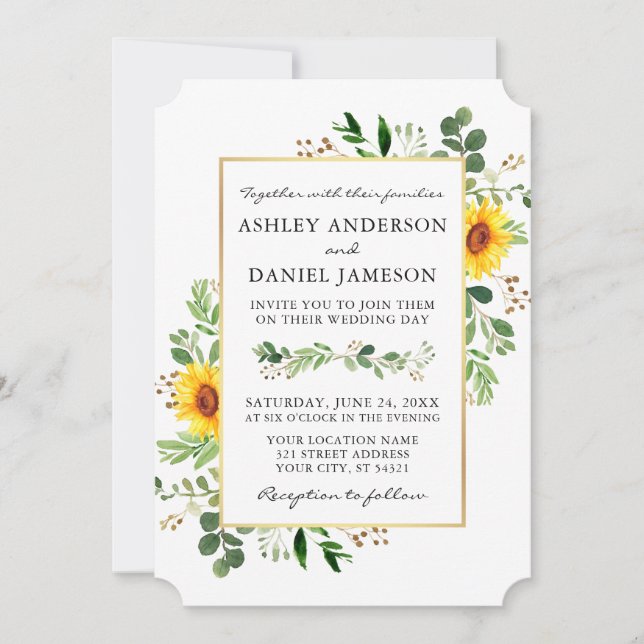 Watercolor Grüne Sonnenblumen Hochzeit Gold Einladung (Vorderseite)