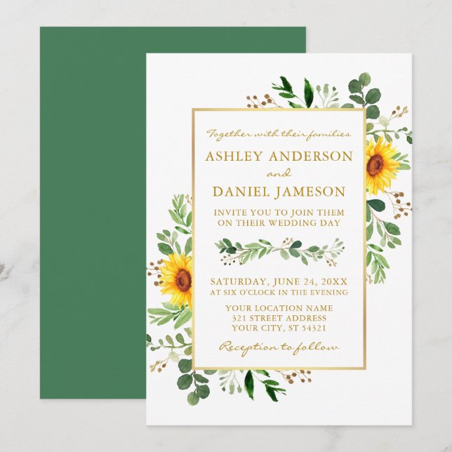 Watercolor Grüne Sonnenblumen Hochzeit Gold Einladung (Vorne/Hinten)
