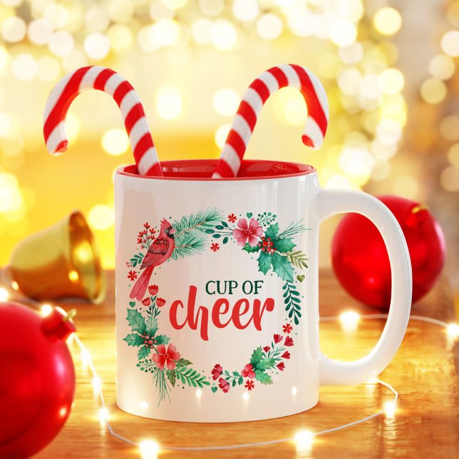 Watercolor Grüne Weihnachtskalender von Cheer Zweifarbige Tasse (Watercolor Christmas Wreath with Cardinal Bird Two-Tone Coffee Mug)