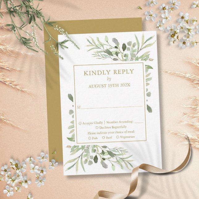Watercolor Grüne Weinkultur und Erde RSVP Karte (Watercolor Greenery Elegant Gold Wedding RSVP Card)