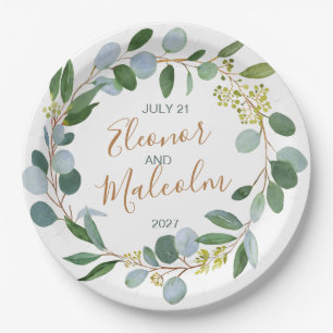 Watercolor grüner Kranz, Eukalyptus Wedding Pappteller