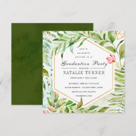 Watercolor-grünes Laub-Abschluss-mit BlumenParty Einladung