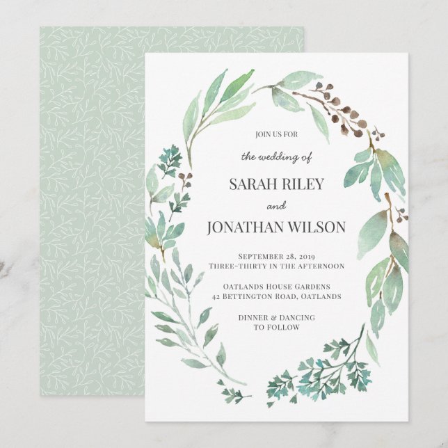 Watercolor Grünkranz Einladung Hochzeit (Vorne/Hinten)