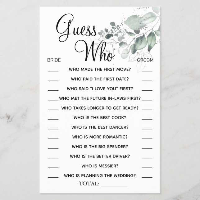 Watercolor Guess Who Brautparty Spielkarte Flyer (Vorne)